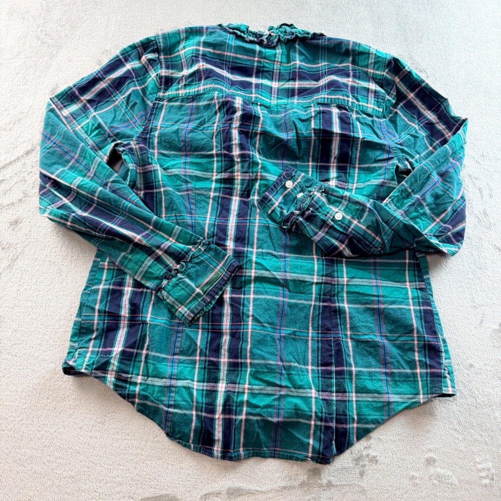 Crown & Ivy Women's Medium Ruffle Front Plaid Button Down Top Green Navy Pink - Picture 2 of 7